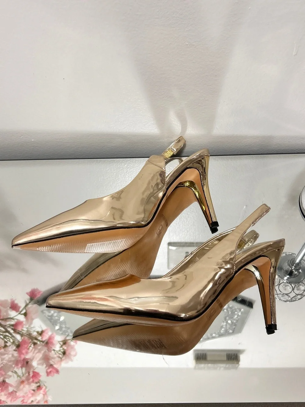 Gold Mirror Metallic Slingback Heels Pointed Toe Stiletto Pumps NEW